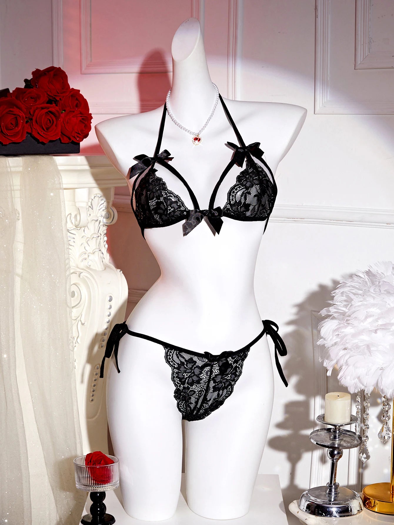 Erotic Sexy Bras Lace Halter Night Dress With Thong Set Woman Nightie Women Babydoll Lingerie Underwear Exotic Bra Costumes
