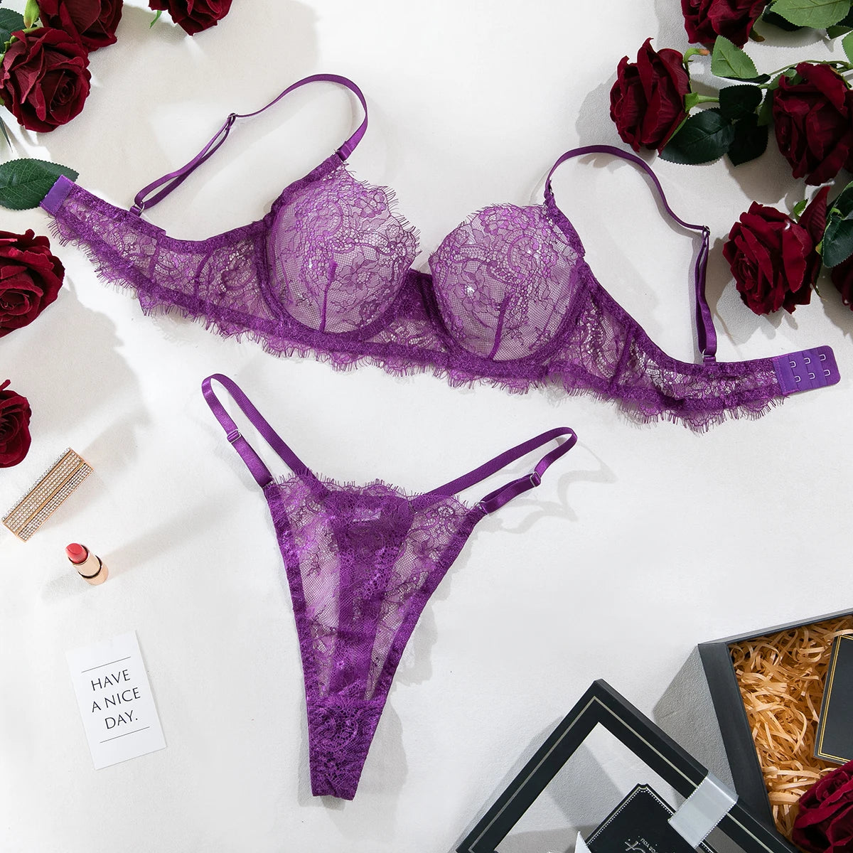 Erotic Lingerie Bra and Panties Set Basic Sexy Sheer Lace Eyelash Unline One Layer Lace Lingerie Women Underwear Intimate