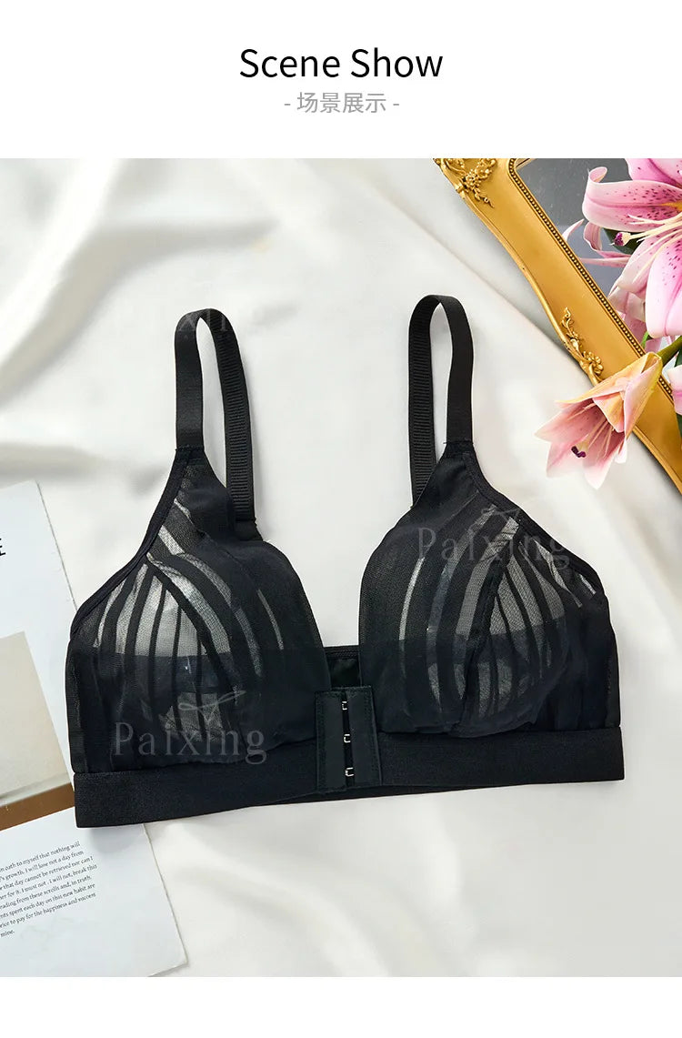 Striped lace front button side fold up lingerie plus French style sexy strapless wire free women's bra