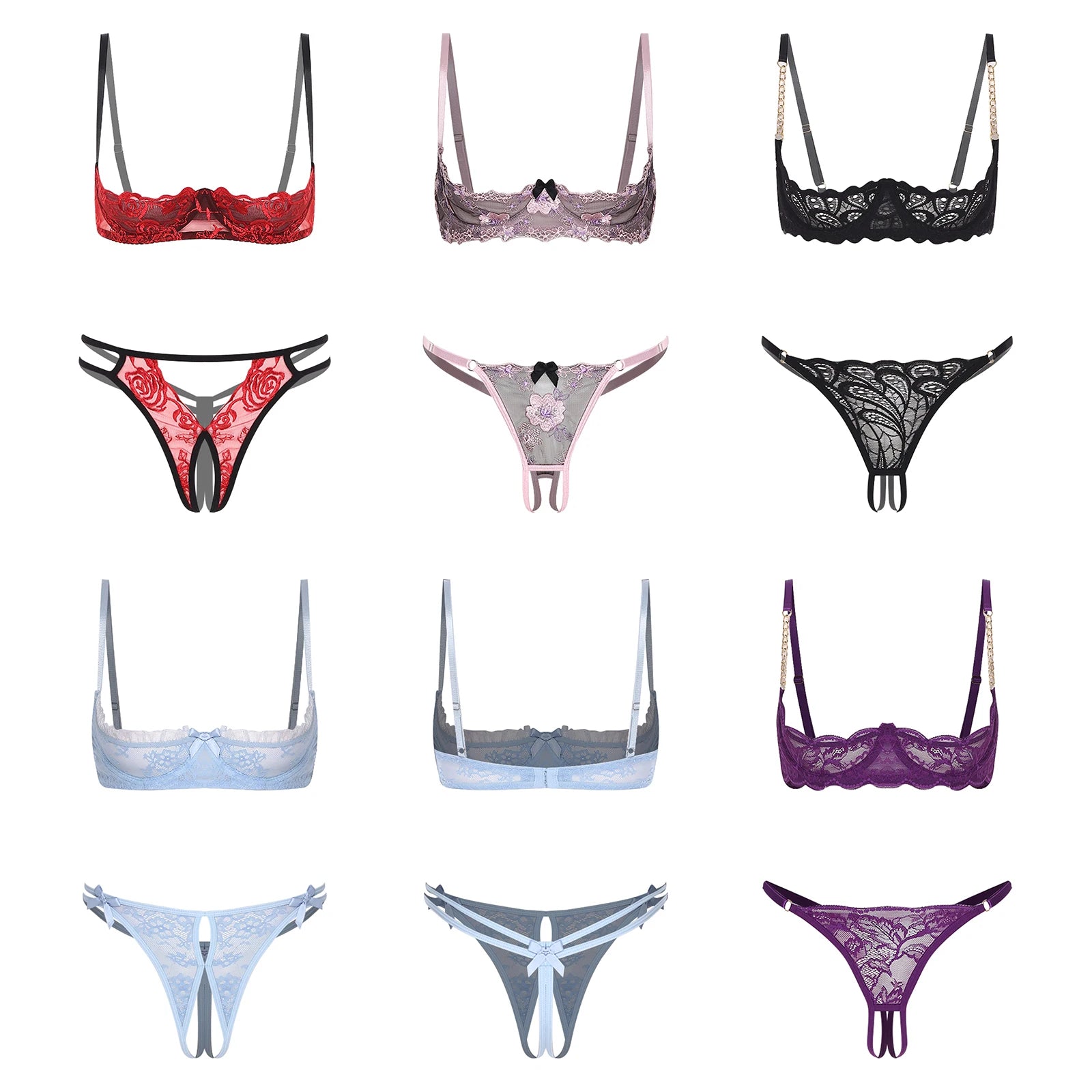 Womens Lingerie Bare Exposed Open Nipples Bra Underwear Set Floral Lace Brassiere 1/4 Cup Underwire Push-up Bralette Balconette