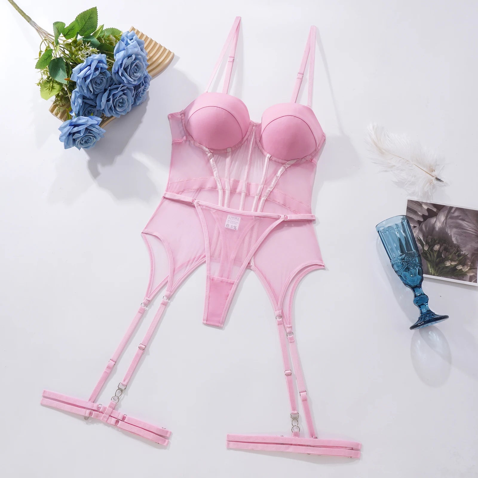 MUZISKAT Mesh  Lingerie Luxury Brand Bodysuit Backless Tops for Women 3 Piece Lingerie Set with Garter Sexydresses for Women