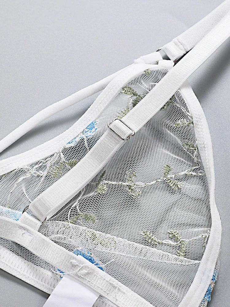 Women Lingerie Sets Underwear Embroidery Flower Lace Bra Thong Lingerie Set Thongs Mesh Translucent Ultrathin Underwear Lingerie