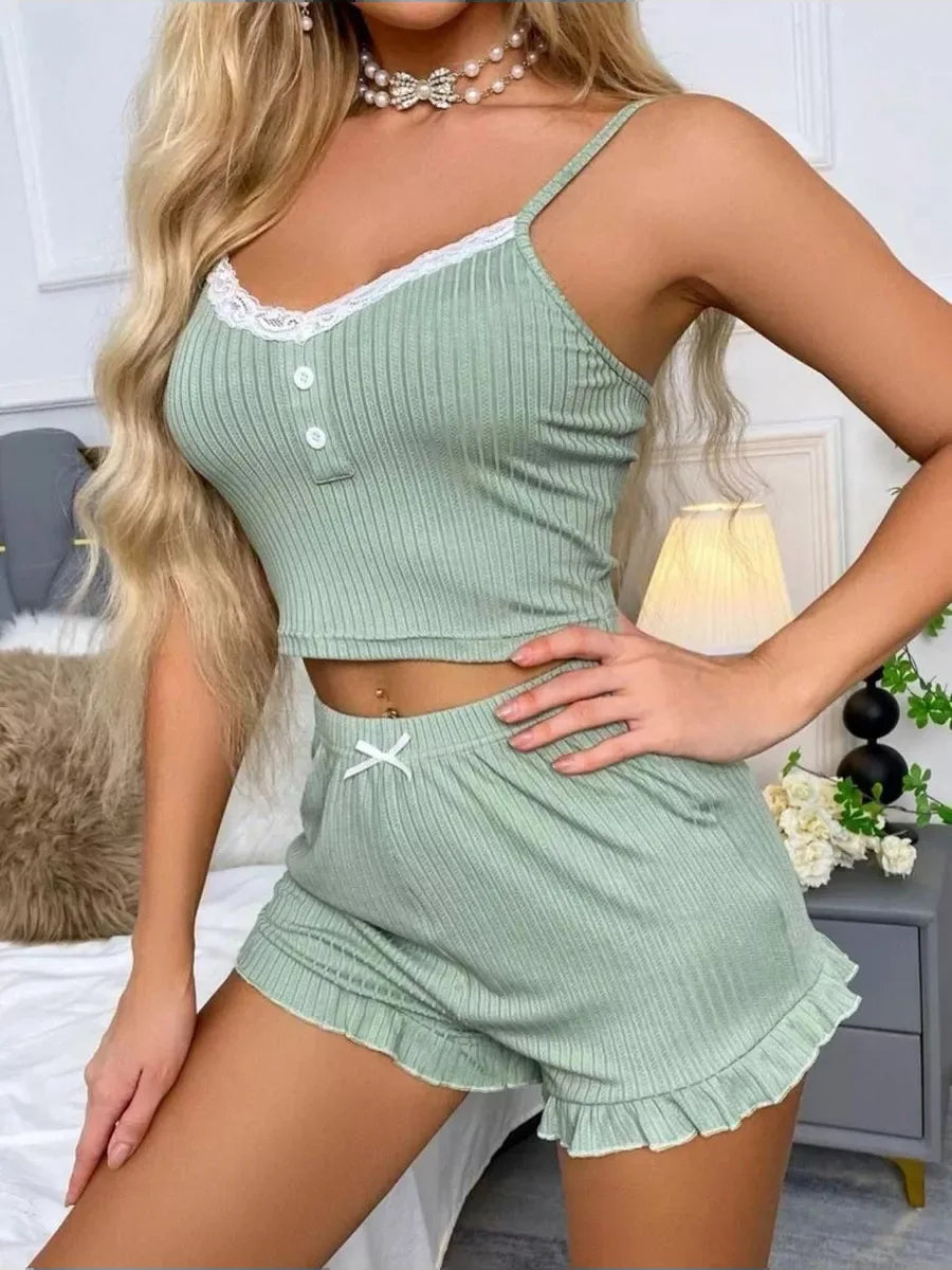 2 Pieces Set Women'S Pajama Shorts Suit Homewear Print Underwear Pijama Sexy Lingerie Camisoles Tanks Nighty Ladies Sleepwear