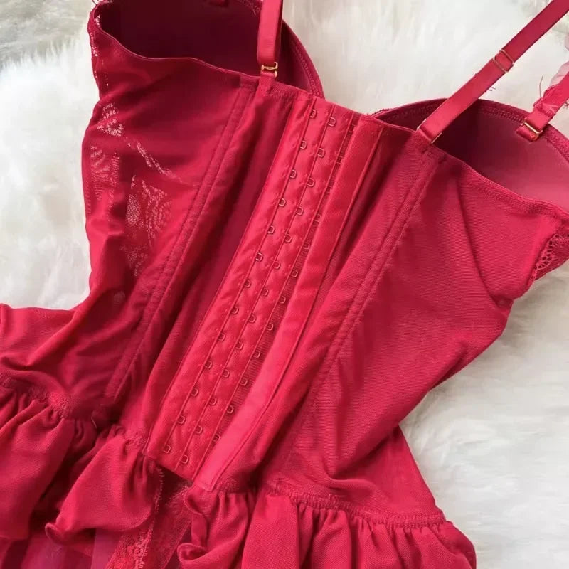 Sexy Lingerie Lace Gauze Elasticity Corset with Chest Pad Straps Belt Underwear Lace Up Body Bustier Overbust Breathable Tops