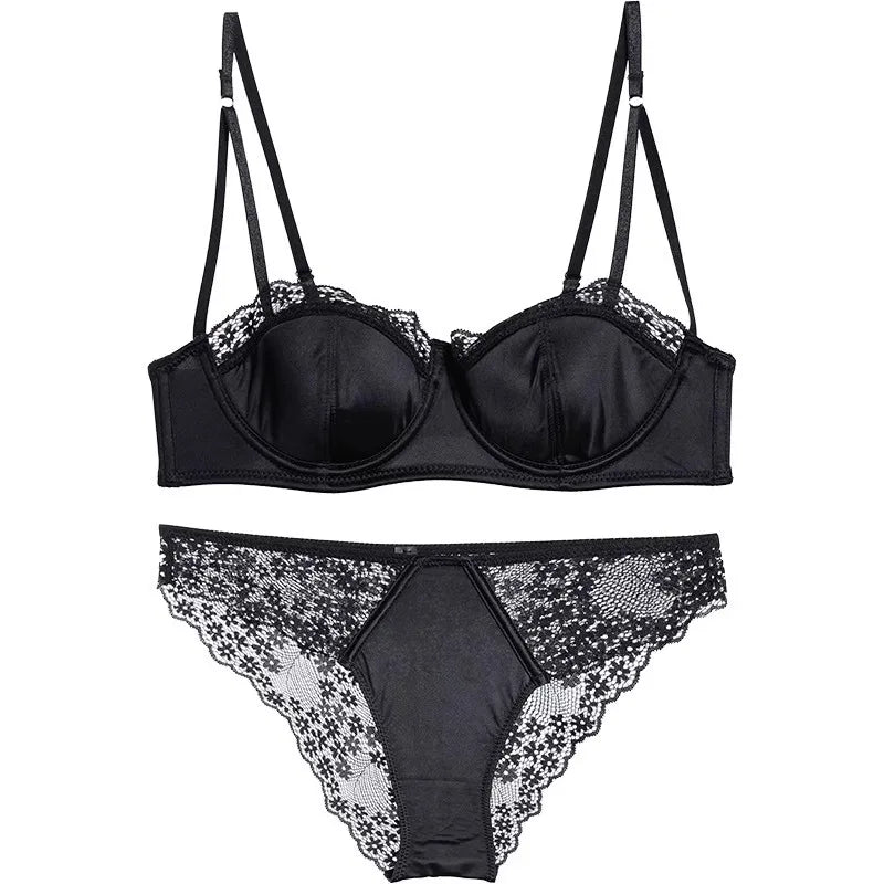 Sexy Lace Half Cup Thin Women's Bra Set Breast Enhancing Anti-Sagging Side Breast Collection Soft Steel Ring Nylon Fabric