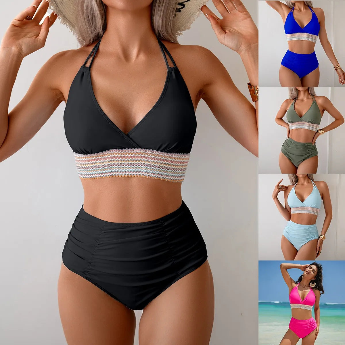 Black Halter Neck Bikini Navy Blue High Waisted Bikinis Olive Green Ruched Waist Swimwear Cropped Top Two Piece Swimsuit