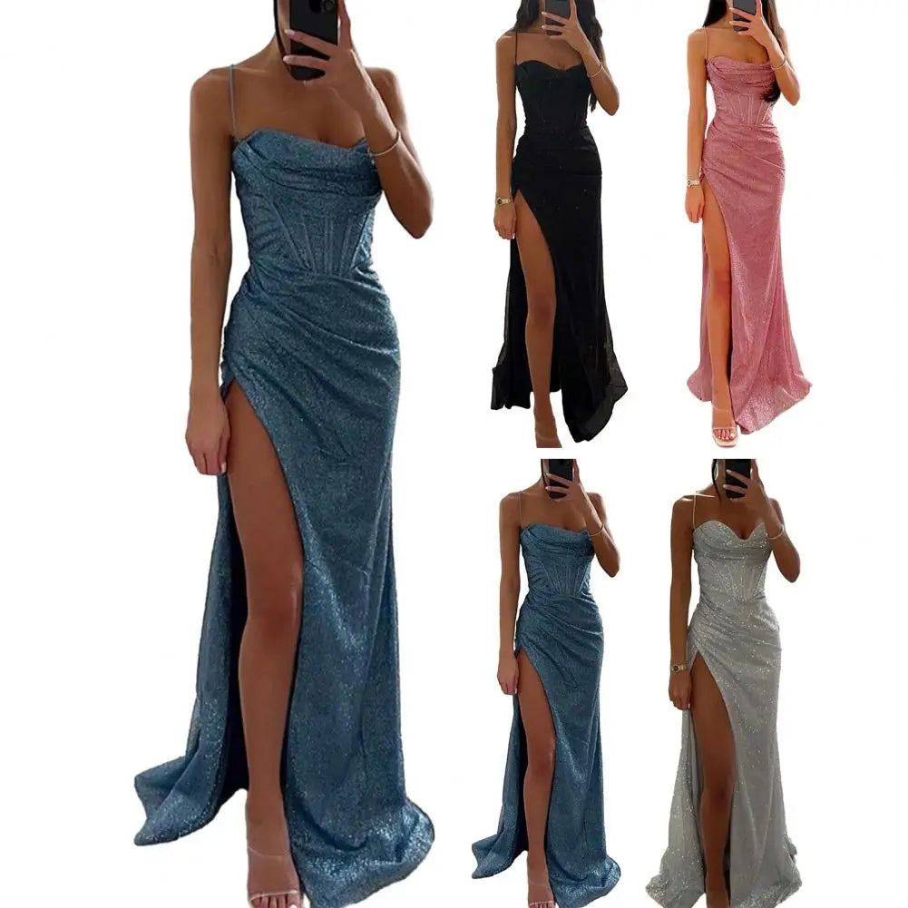 Sexy Women Evening Dress Spaghetti Strap Shiny Sequin Sleeveless Off Shoulder Low-cut High Split Prom Dress Long Party Dress
