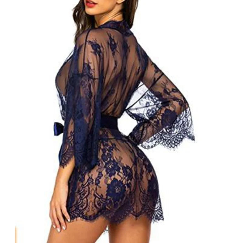 Sexy Women Lingerie Lace Night Dress Sleepwear Nightgown Bandage Deep V G-String See Through Sexy Sheer Sleep Dress Robe