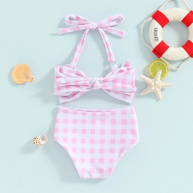 Citgeett Summer Kids Girls Bikini Outfits Set Flower Plaid Print Sleeveless Bow Bikini Tops Shorts Swimsuit Clothes