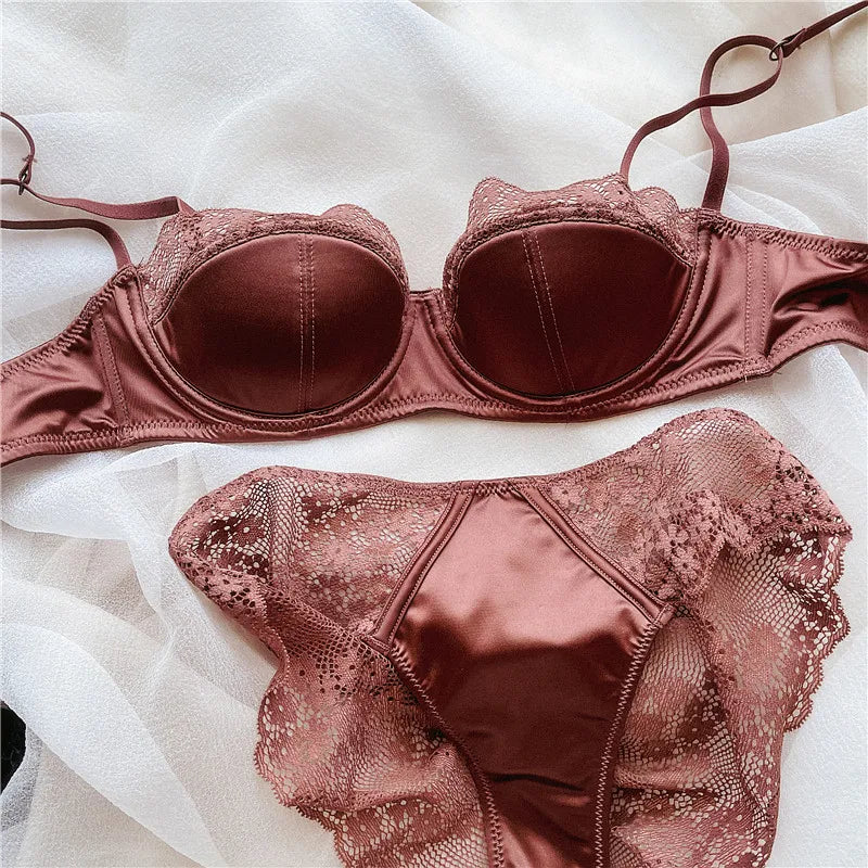 Elegant Sexy  Sheer Lace Balconette Minimizer Bra Set Underwire Push Up Anti-Sagging Side Support Bridal Lingerie for Big Bust