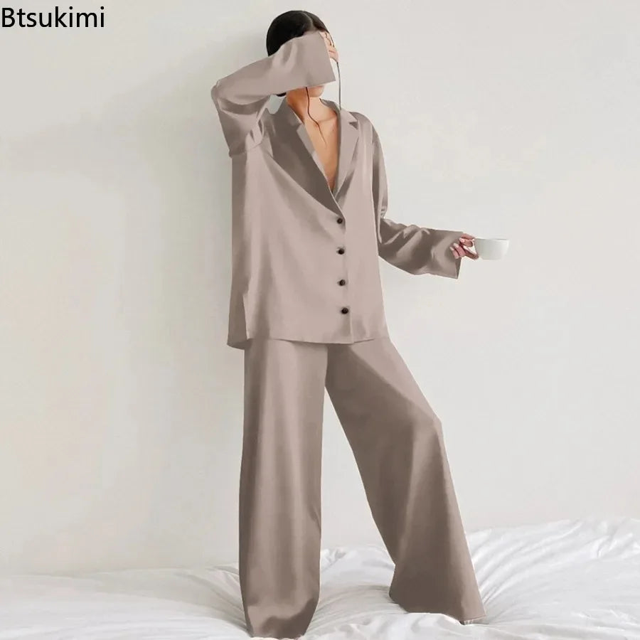 2026 Sexy Low Cut Pajama Sets for Women Loose Casual Long Sleeve Trouser Home Wear 2pcs Sets Solid Satin Silk Female Pijama Suit
