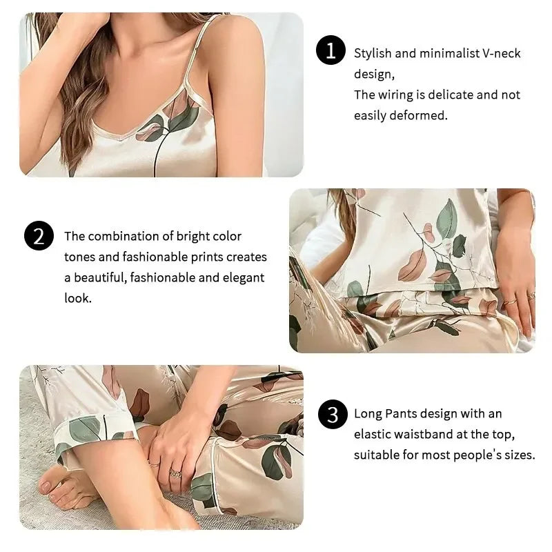 2026 Women's Elegant Leaf Print Satin Pajama Set V Neck Cami Top and Elastic Pants for Comfortable Sleep and Lounging Sleepwear