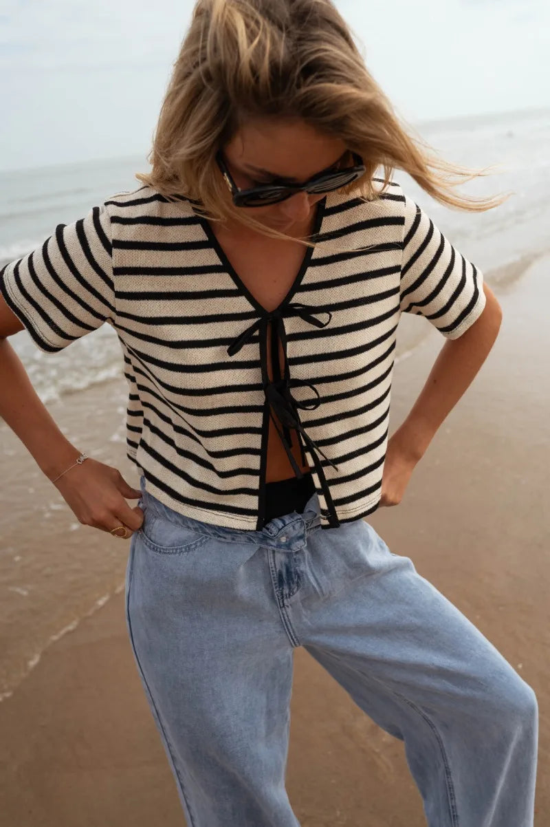 white black stripes short sleeve blouse for women turn-down collar V-neck cropped summer bikini tops hot girl boho beach tops
