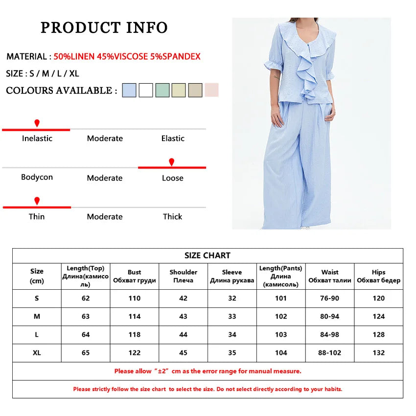 Women Linen Pajama 2 Piece Set Short Sleeve Front Ruffle Shirt PJs Pants Lounge Cute Sleepwear Casual Homewear Set