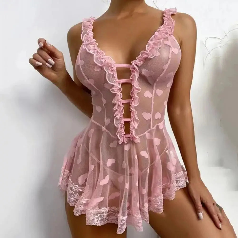 Romantic Lace Sexy Lingerie Babydoll Nightgown for Women with Ruffles Hollow Open Bra Design Love Sex Theme Seductive Erotic Cos