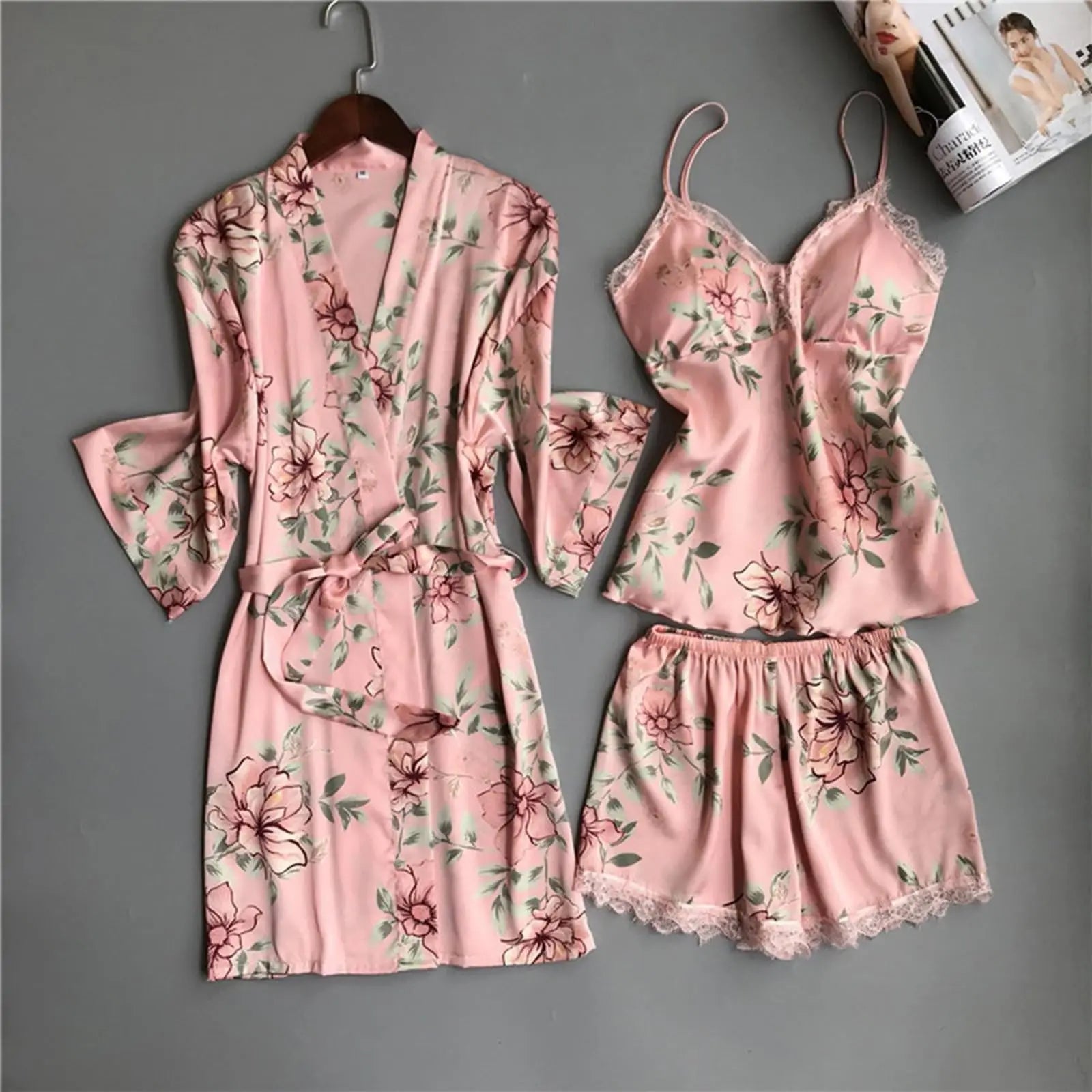 Women'S Printed Sleepwear Loose And Comfortable Lace Five Piece Set Sleeveless Camisole Nightdress Home Clothing Bathrobe