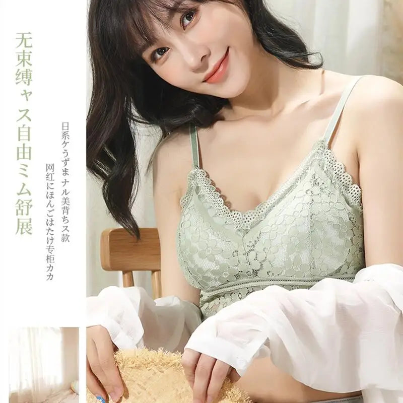 Wireless Embroidery Lace Bra Ice Silk Sling Women Underwear Sexy And Beautiful Back Tops Removable Chest Pad Brassiere