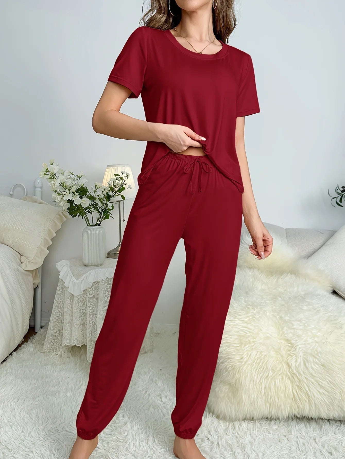 Women's Pajamas Set Solid Color Short Sleeve O Neck T-Shirt+Trousers 2 Pieces Suit Sleepwear Soft Loose Pijama Female Loungewear