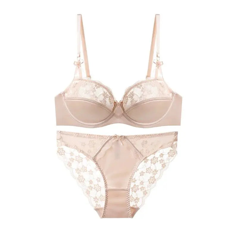 High Quality French Demi Cup Bra Set Soft Lace Thin Lightweight Side Support Anti Sagging Comfort Everyday Wear 32-38AB Bra Suit