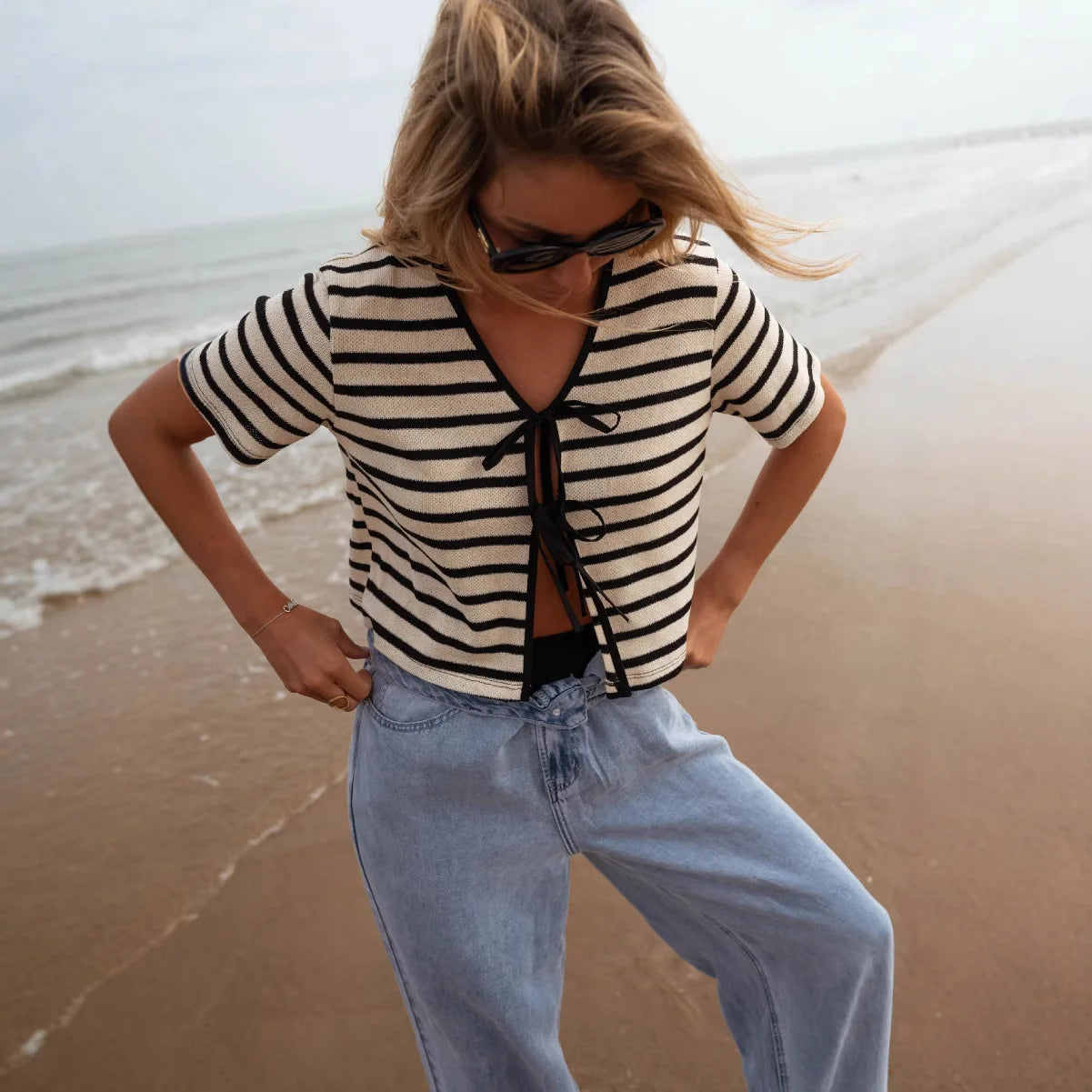 white black stripes short sleeve blouse for women turn-down collar V-neck cropped summer bikini tops hot girl boho beach tops