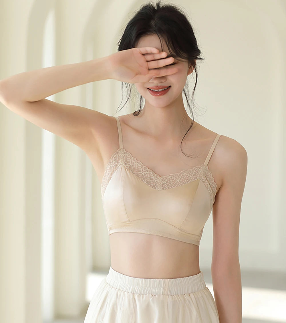 Lace Bralette Bra for Women 19 Momme Mulberry Silk No Underwire Wireless Full Coverage Lightly Lined Adjustable Skinny Strap