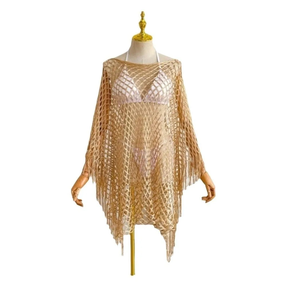 Fashion Tassel Sunscreen Cover-up Loose Fit Plus Size Bohemian Shawl Casual Crochet Fishnet Swimsuit Cover Up Summer