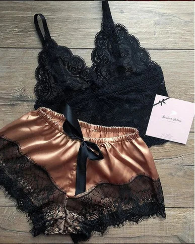 Mengya Women Lace Satin Two Piece Lingerie Set Spaghetti Strap Camisole Silky Lace Trim Shorts Nightwear European American Style