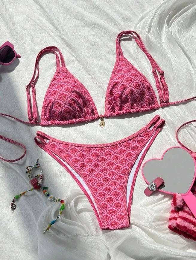 Swimwear Woman 2026 Bikini Triangle Top Blue Bikinis Thong Bottom Swimsuit Pink Adjustable Straps Two Piece Swimsuit High Cut