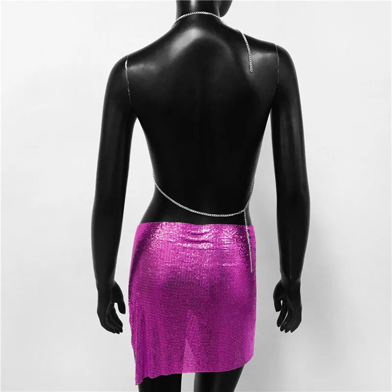 Sexy Metal Sequins 2 Piece Set Women Sleeveless Deep V Neck Backless Halter Tank Tops Split Mini Skirts Beach Party Outfits