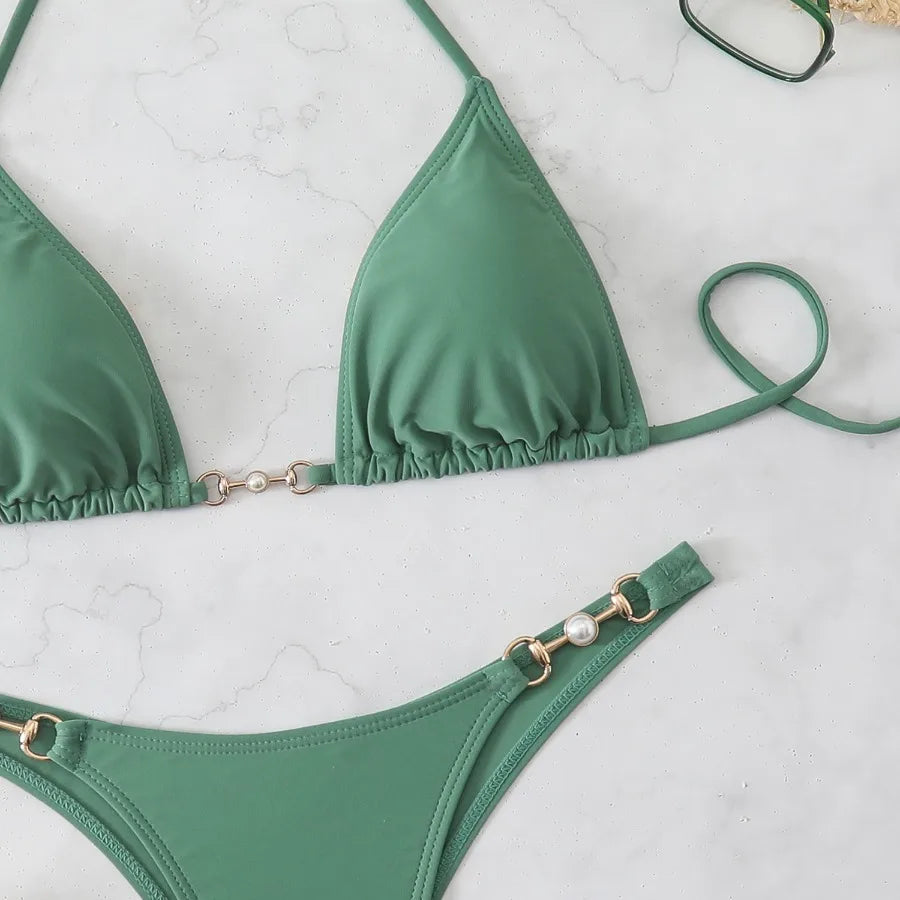 New Two-Piece Bikini Set Sexy Triangle Tie-Up Swimsuit Beach Vacation Swimwear Summer Trendy Top Bottom Beachwear Resort Outfit