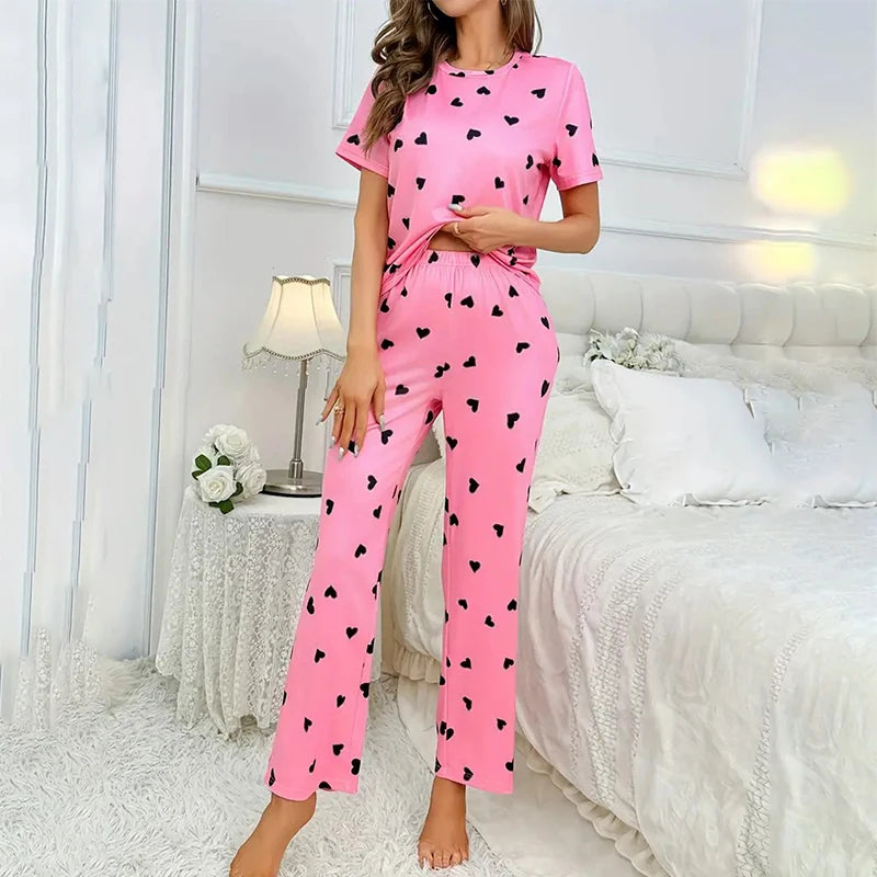 Women's Pajamas Set Casual Home Clothes Soft Comfortable Crew Neck T-Shirt & Plaid Pants Sleepwear Piece Loungewear Pyjama Femme