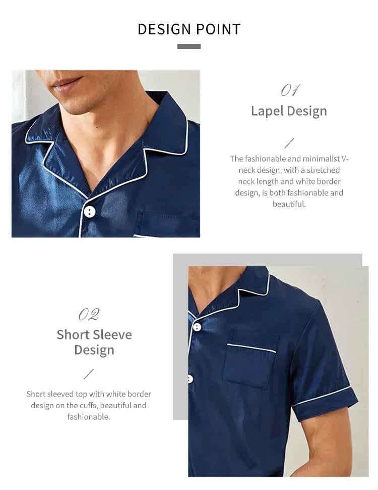 Plus Size Men's Pajama Set Faux Silk Lapel Cardigan Student Homewear Simple Short Sleeve Shorts Set Premium Feeling Solid Colour