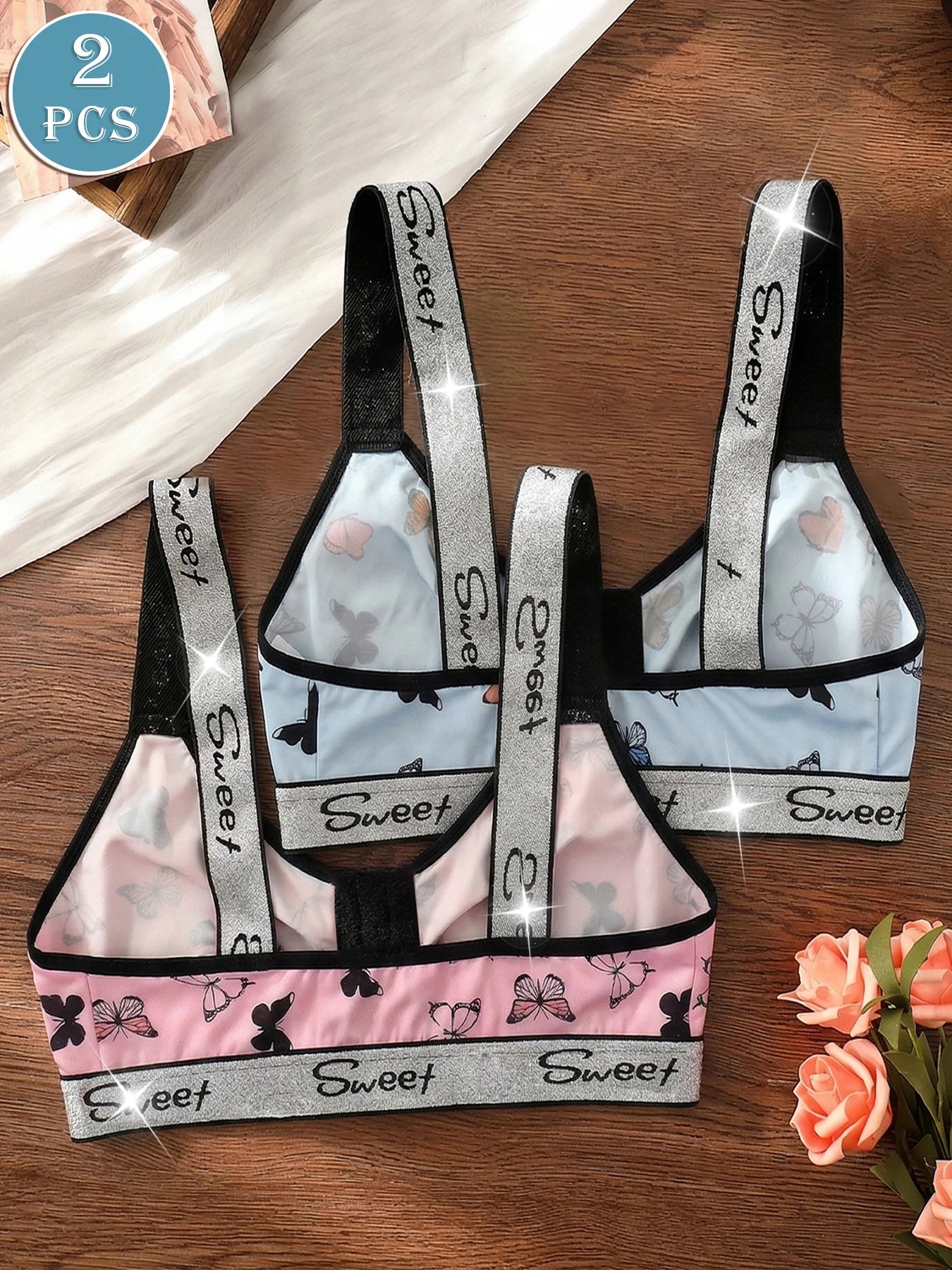 2-piece butterfly printed front buckle seamless bra without steel ring, wide shoulder straps, comfortable women's underwear