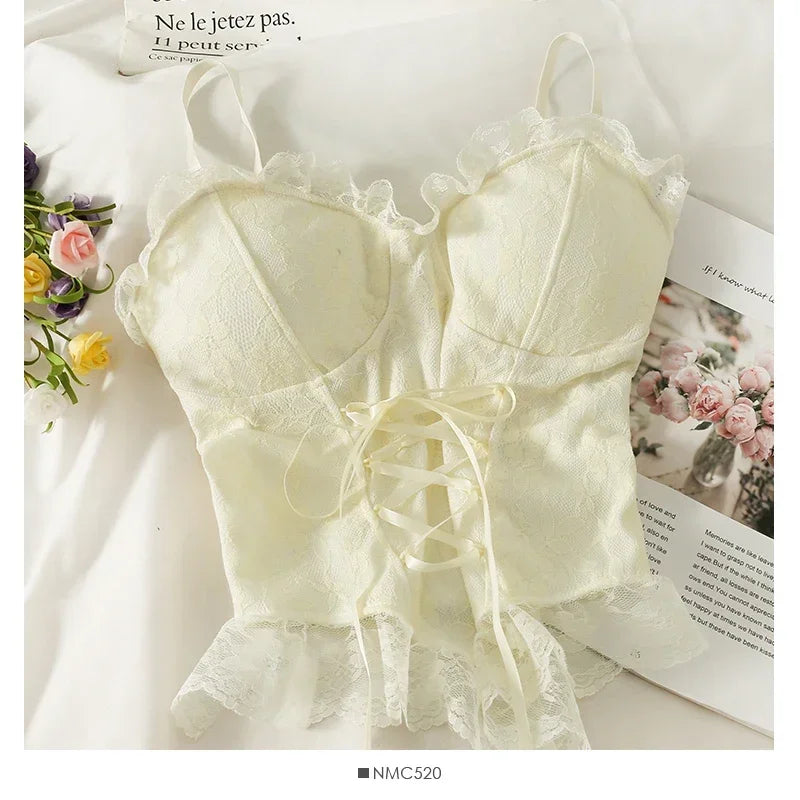 Sexy Lace Corset Crop Top Women Sleeveless Bandage Camisole Fashion Sling Tank Top Streetwear Blouse