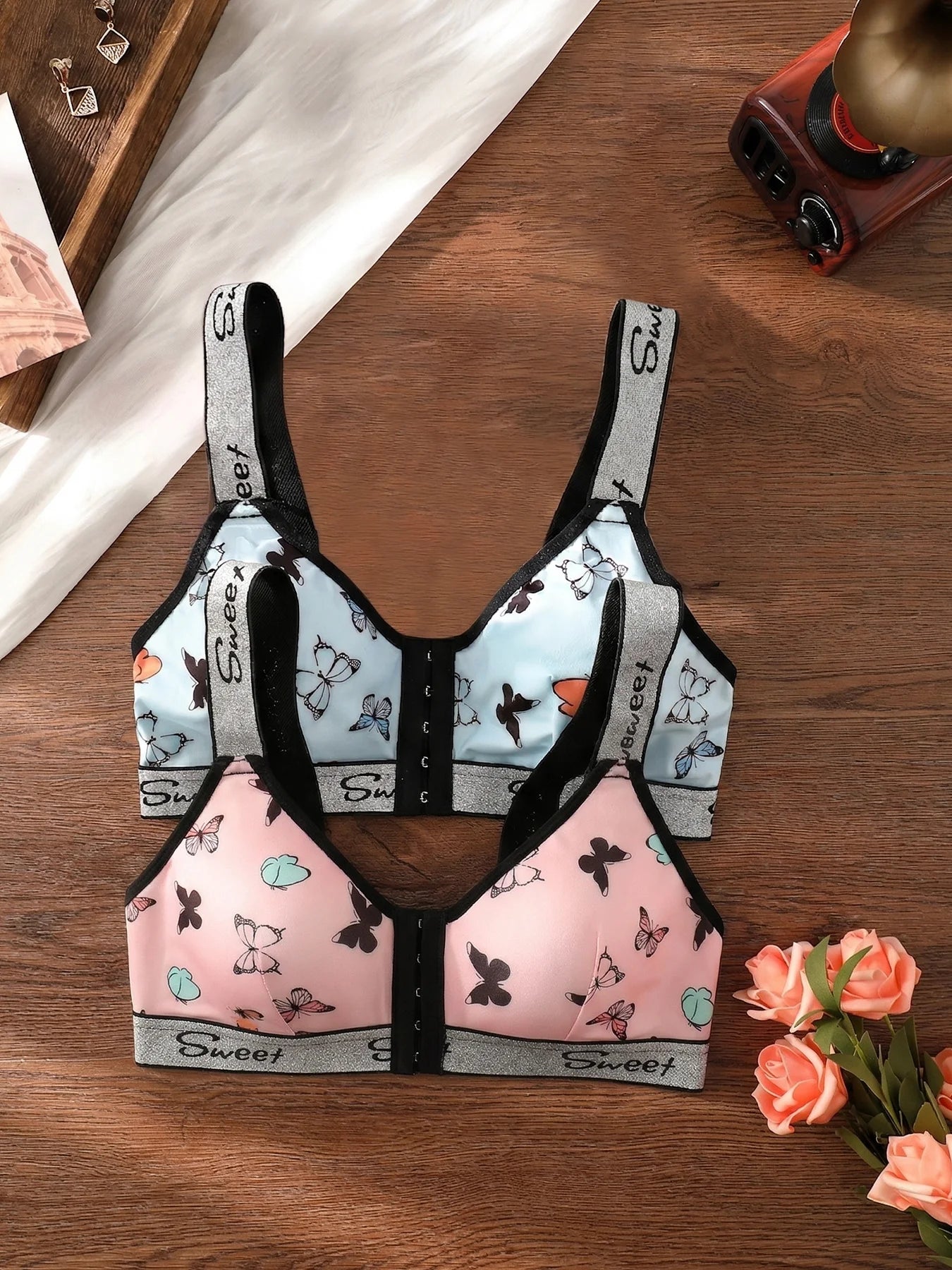 2-piece butterfly printed front buckle seamless bra without steel ring, wide shoulder straps, comfortable women's underwear