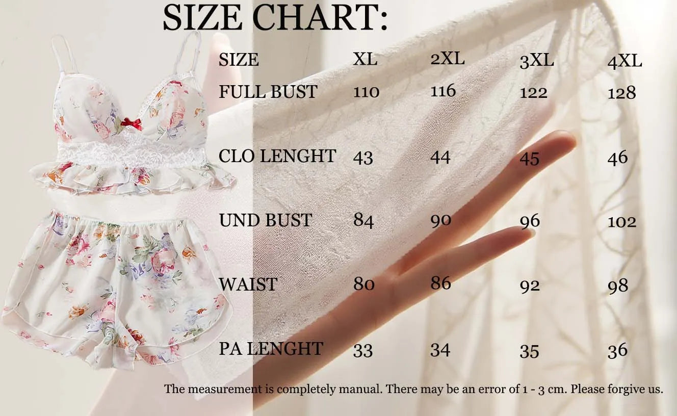 Plus Size Floral Lingerie Set - Chiffon Camisole with Lace Trim, Ruffled Shorts, Romantic Flower Print, Soft & Breathable. sexy