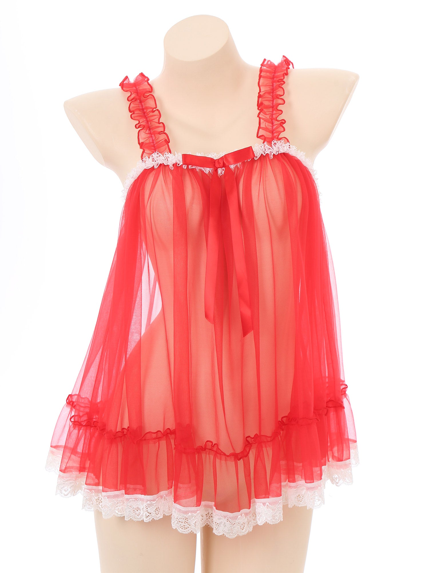 Womens Sexy See-Through Babydolls Sheer Mesh Top Ruffle Straps Bow Lace Trim Camisole Tops Lingerie Tempting Nightwear Clubwear