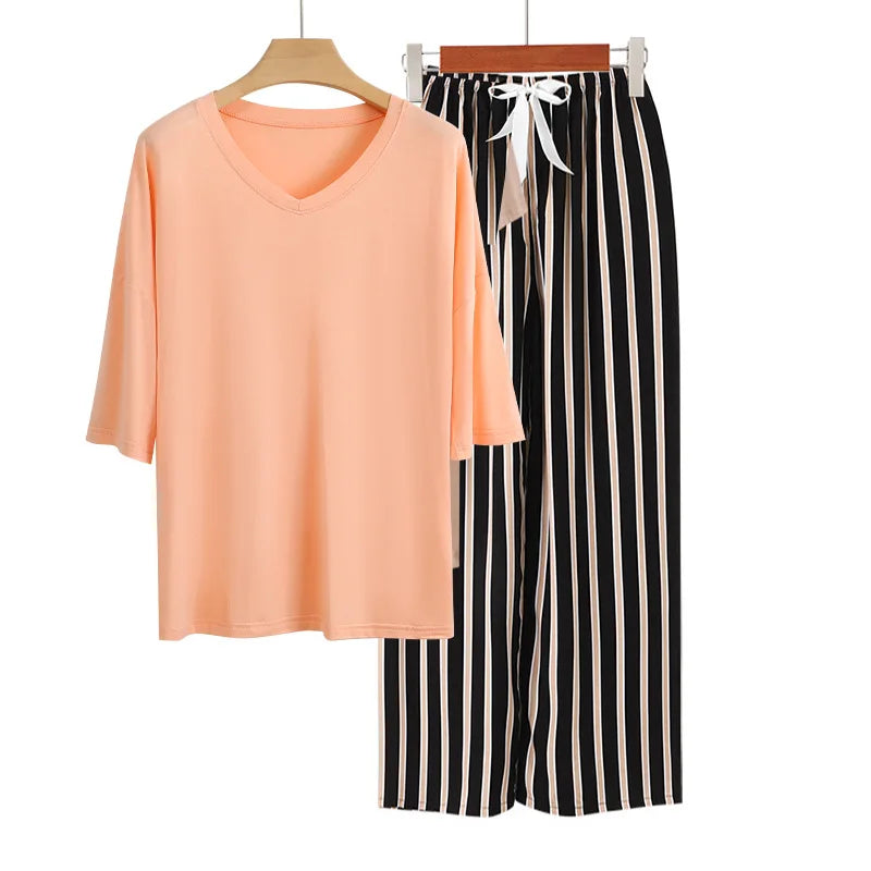 Casual Pajamas Set Spring Summer Short Sleeve Tops Long Pant Suit Elegant Women's Pijamas Home Sleepwear Clothes Pijama Mujer