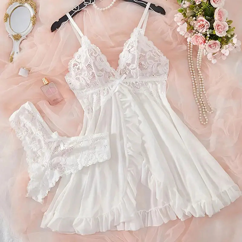 Women's Sexy Lingerie Dress Thin Style G-string Contrast Lace Ruffle Trim Lingerie Set Deep V Slip Thong Lencería Mujeres
