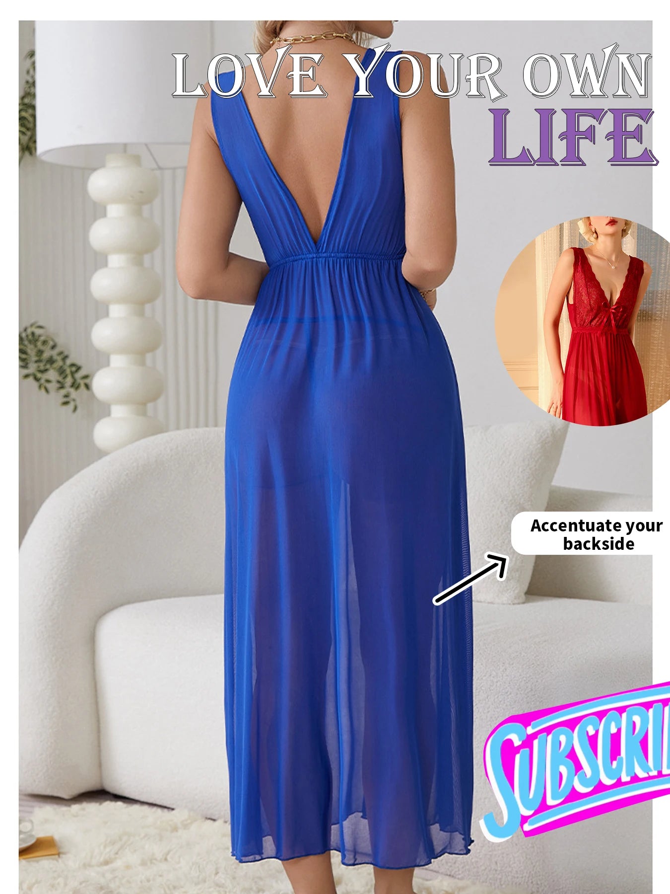 Sexy Women Lingerie Dress Set Lace Splicing Mesh Long Deep V Backless Nightgown Set Homewear All Season