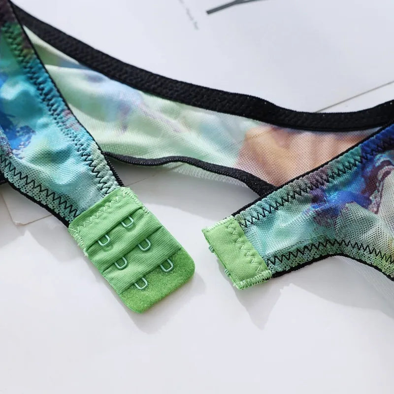 5 Pieces Lingerie Set Women Nightwear tie-dye Printed Halloween Underwear Bras Panties Golves Stocking Erotic Laungerie Set