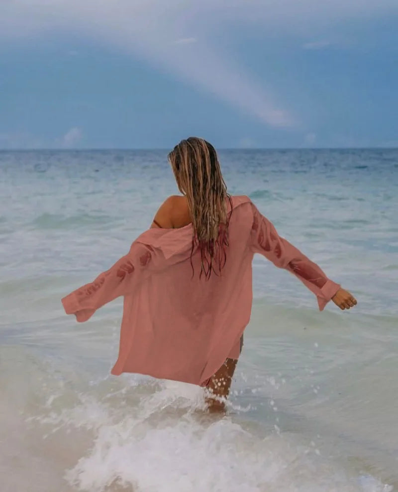 Beach Coverup for Women, Swimsuit Coverup Long Sleeve, Linen Bikini Cover Up Shirt, Bathing Suit Cover Ups for Pool