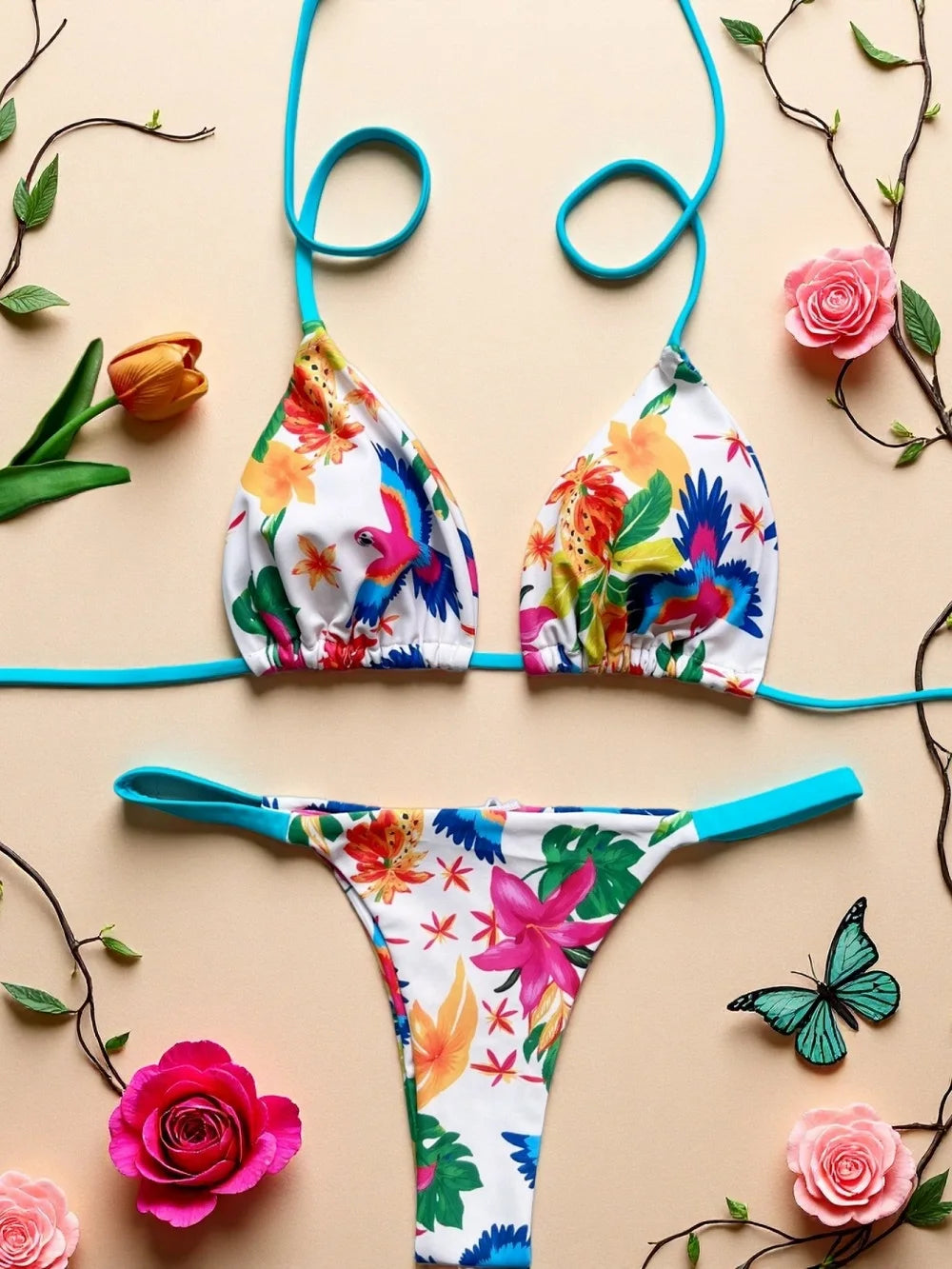 Print Sexy Bikini Sets Halter Lace-up Tops Thongs Beach Style Bathing Suit Y2k Swimsuits Women Beachwear Купальник Женский 2026