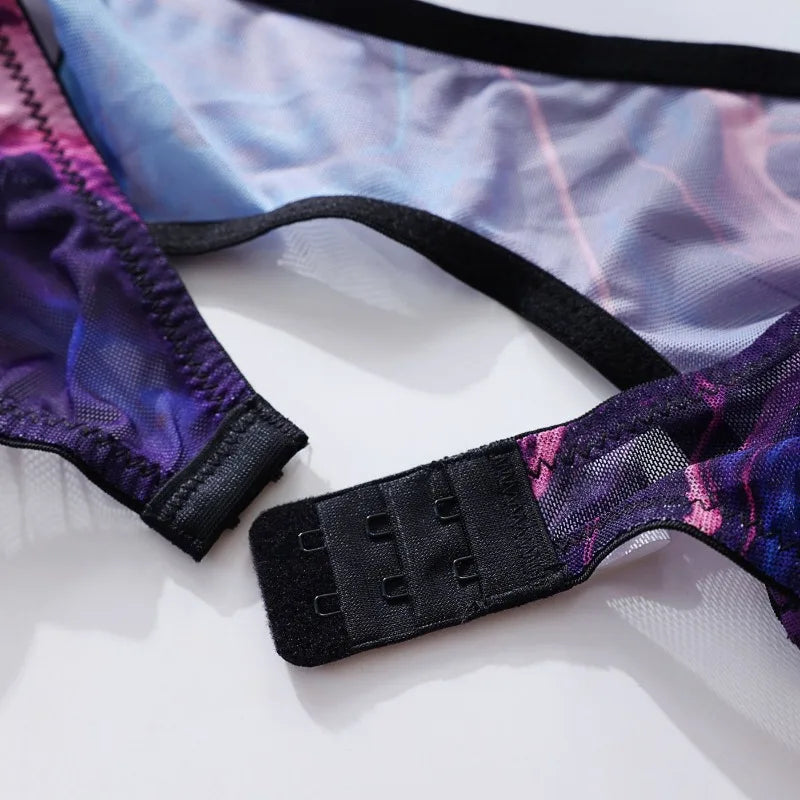 5 Pieces Lingerie Set Women Nightwear tie-dye Printed Halloween Underwear Bras Panties Golves Stocking Erotic Laungerie Set