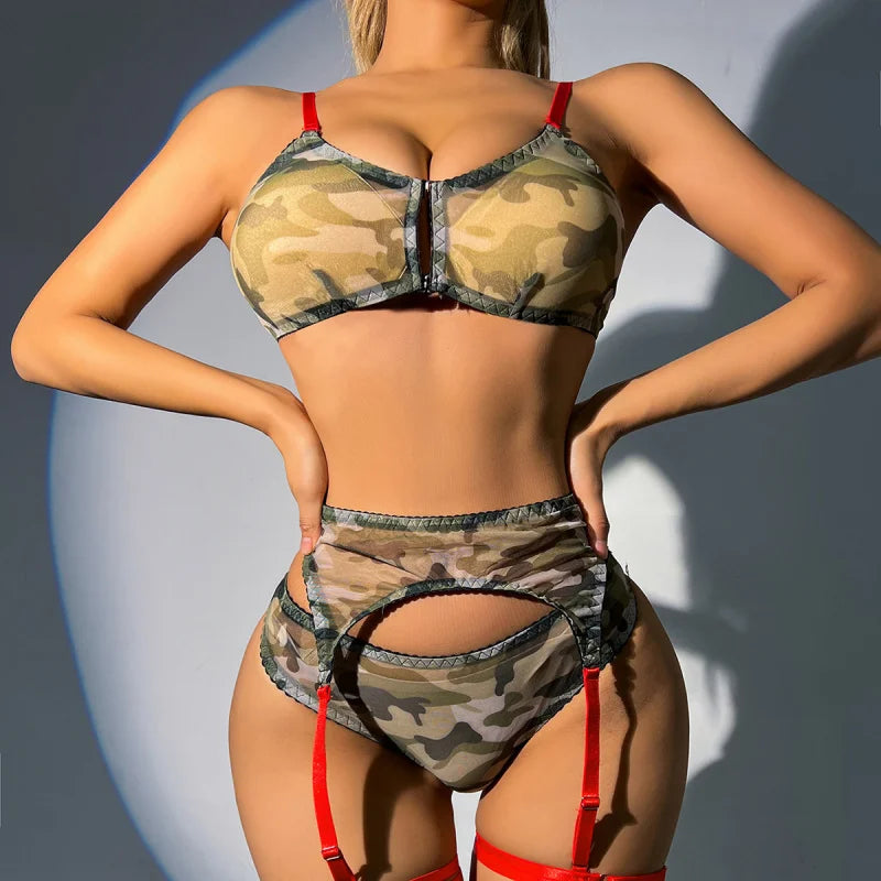 New European American style women's camouflage mesh two-piece lingerie set