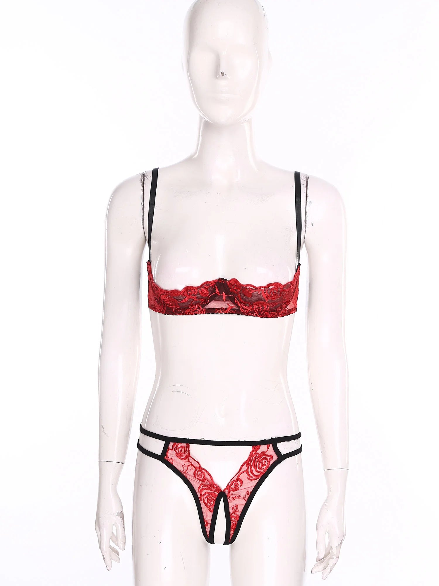 Womens Lingerie Bare Exposed Open Nipples Bra Underwear Set Floral Lace Brassiere 1/4 Cup Underwire Push-up Bralette Balconette