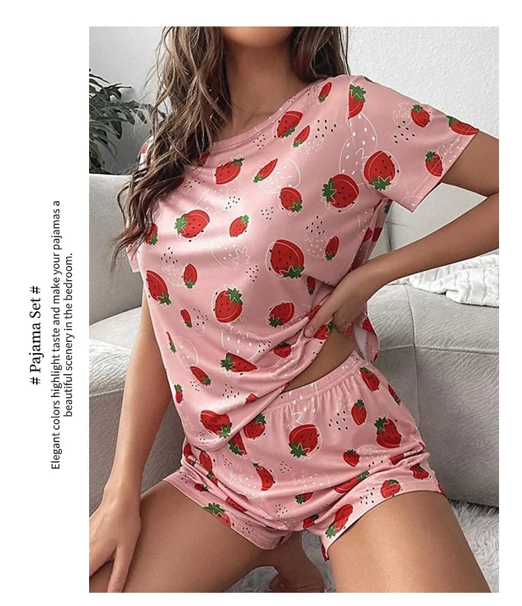 Pajamas Set for Women Breathable Cherry & flower Print Sleepwear Comfy Camisole Top and Shorts Pyjama Home Loungewear for Ladies