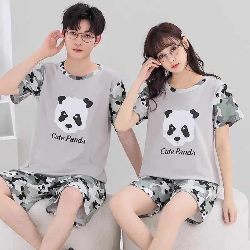 Lovers Pajama Set Cotton Cartoon Cute Nightwear For Men Women Homewear Plus Size Summer Thin Pyjamas Couples Pjs Loungewear