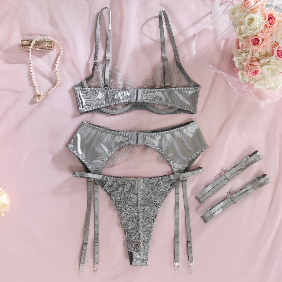 Sexy Lace Lingerie Set with Garter Belt and Leg Strap,   Intimate Wear for Women,  Elegant Bra & Panty Set for Special Occasions