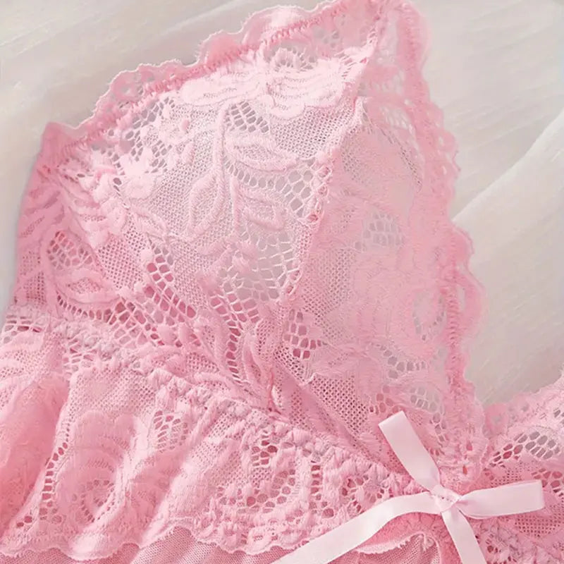 Women's Sexy Lingerie Dress Thin Style G-string Contrast Lace Ruffle Trim Lingerie Set Deep V Slip Thong Lencería Mujeres